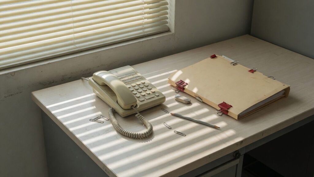Mesa do setor financeiro com telefone fora do gancho e pasta de contratos