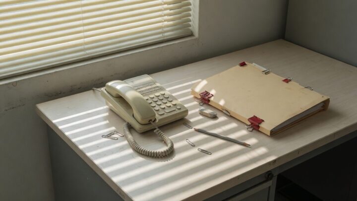 Mesa do setor financeiro com telefone fora do gancho e pasta de contratos
