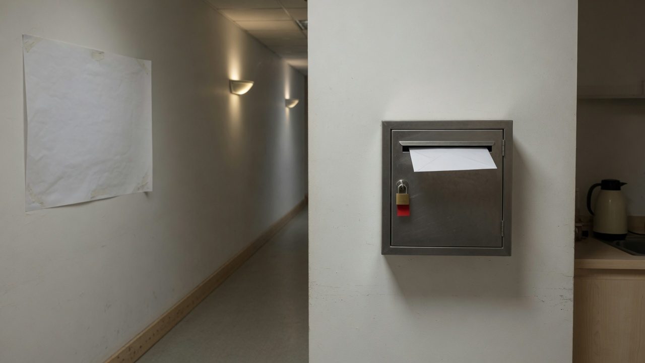 Caixa coletora lacrada de canal de denúncias num corredor interno de empresa