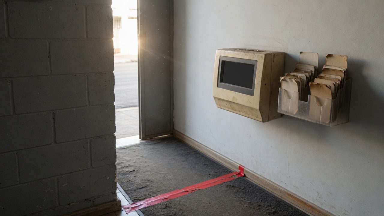 Relógio de ponto e porta-cartões no corredor de entrada de funcionários