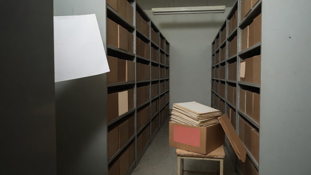 Arquivo de documentos de uma empresa com a caixa do processo trabalhista aberta