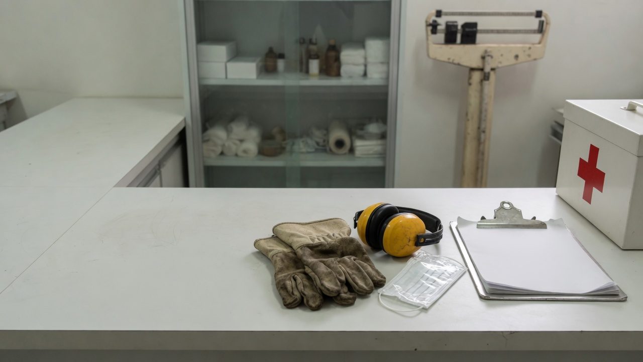 Bancada de ambulatório de medicina do trabalho com equipamento de proteção pousado