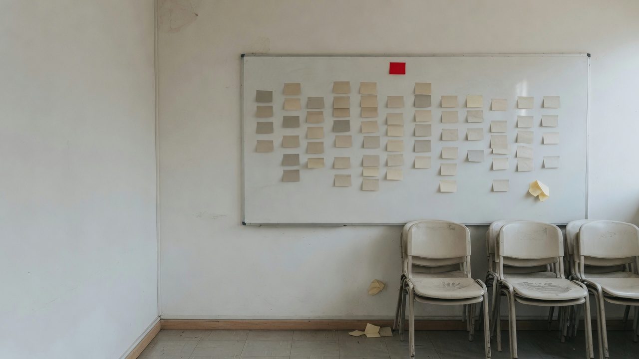 Sala de treinamento com quadro de gestão à vista e fichas de mapeamento de risco