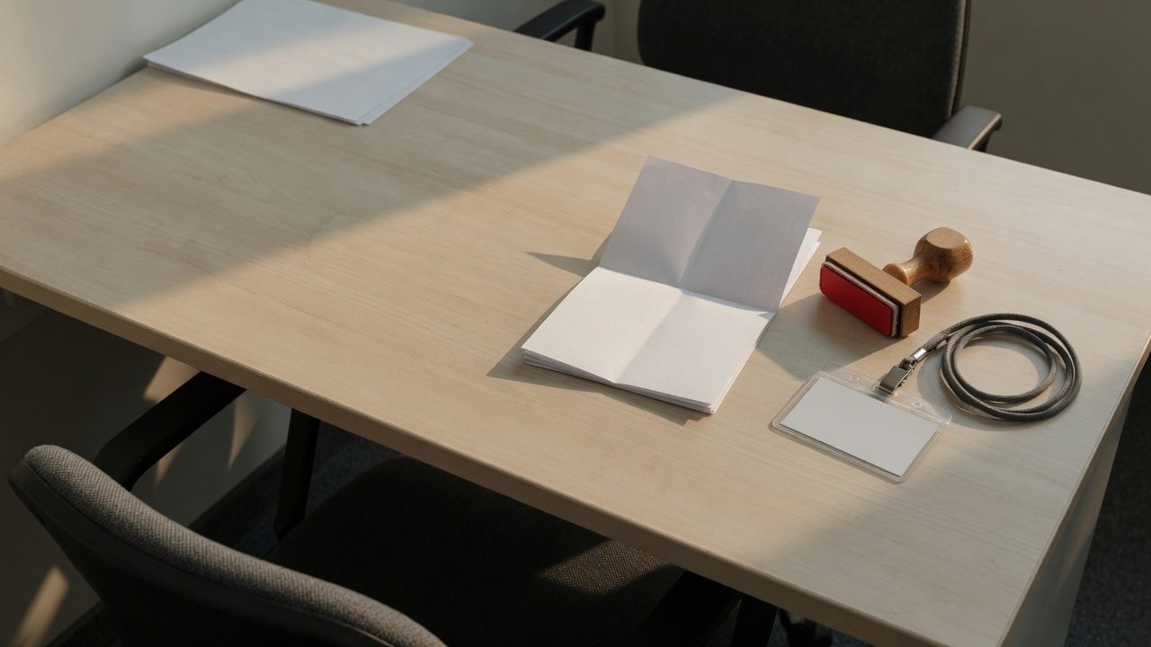 Contrato grampeado, carimbo e crachá sem identificação sobre a mesa de trabalho
